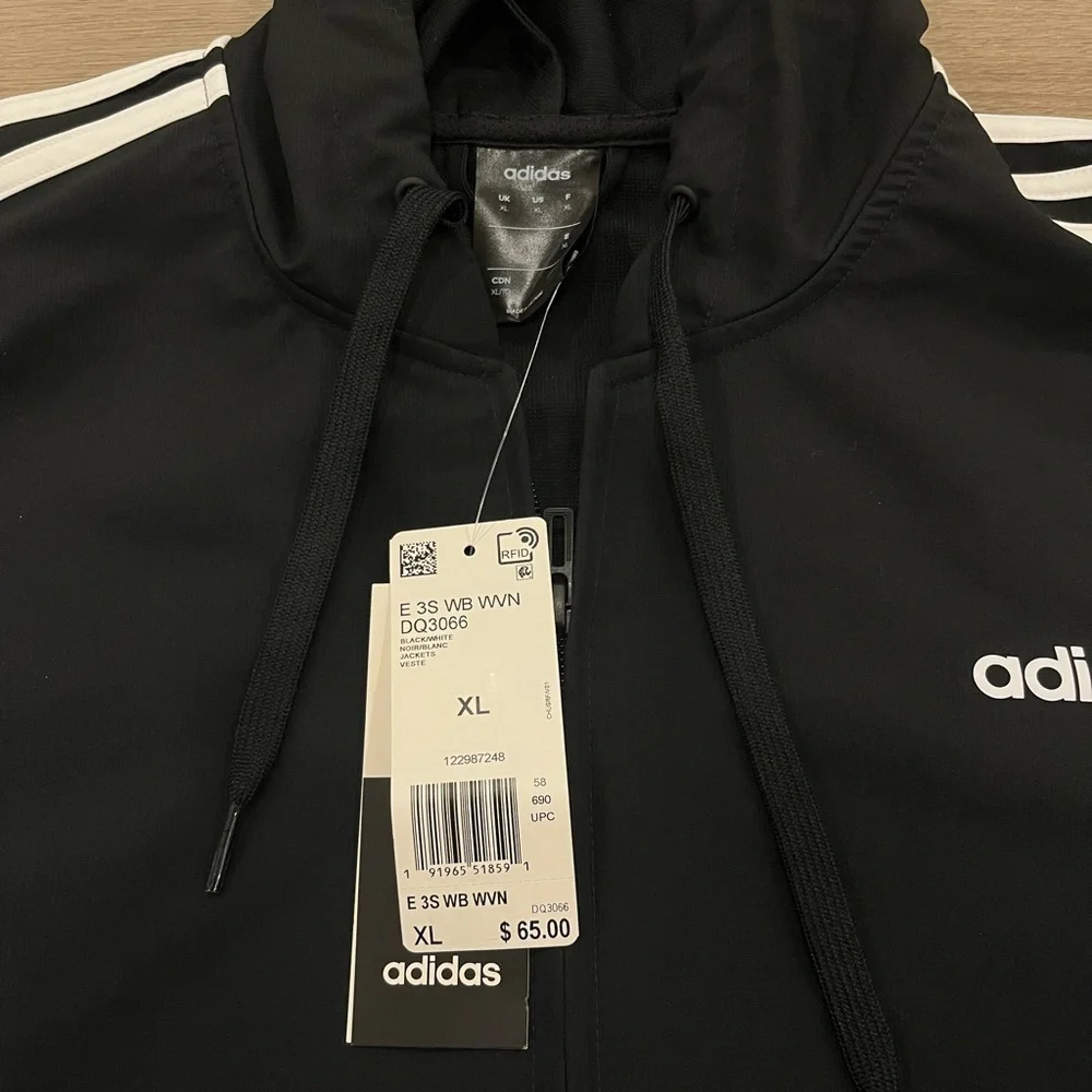 Adidas Essentials 3-Stripes Woven Windbreaker Track Jacket - Black - XL NWT